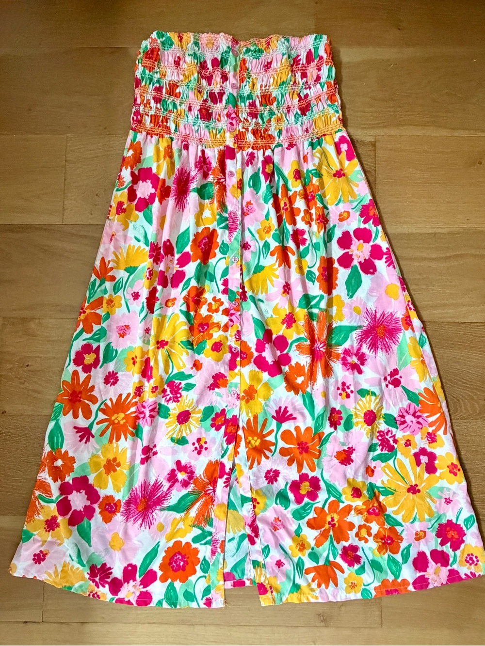 Wishing Waves Maxi Dress Bright Floral Smocked Strapless XL Summer Festival Boho